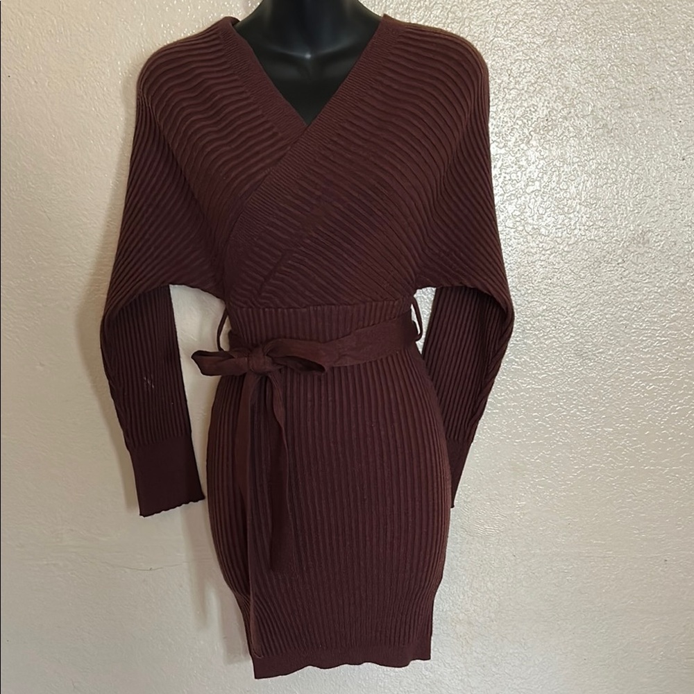 Elegant Brown Knit Wrap Dress